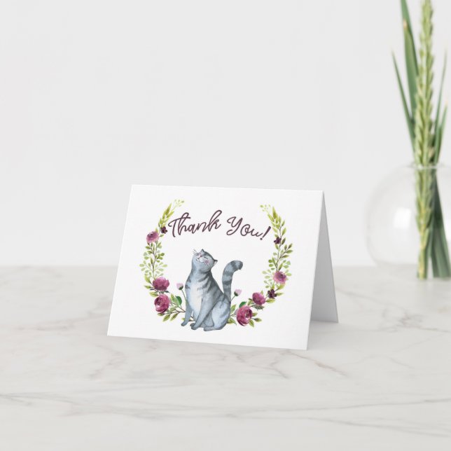 Watercolor-Katze und Blumen danken Ihnen Karte (Vorderseite)