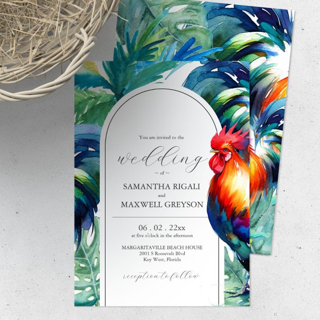 Watercolor Key West Florida Hochzeitseinladungen Einladung (Bright color wedding invitations features unique rooster, palm tree and leaves watercolor art.)