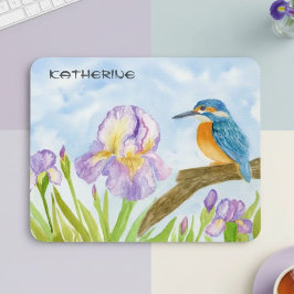 Watercolor Kingfisher with Purple Irises  Mousepad