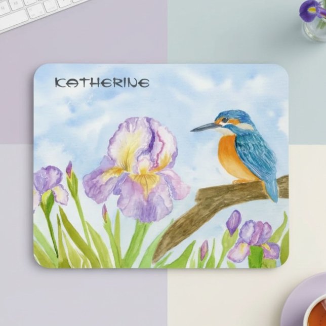 Watercolor Kingfisher with Purple Irises  Mousepad (Von Creator hochgeladen)