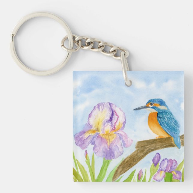 Watercolor Kingfisher with Purple Irises Schlüsselanhänger (Vorderseite)