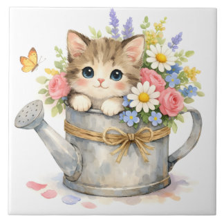 Watercolor Kitten inside Watering Can with Flowers Fliese