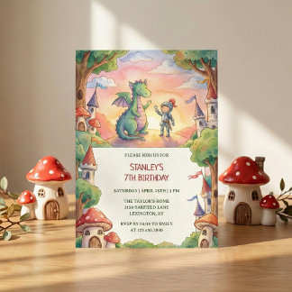 Watercolor Knight Dragon Fairytale Birthday Party Einladung