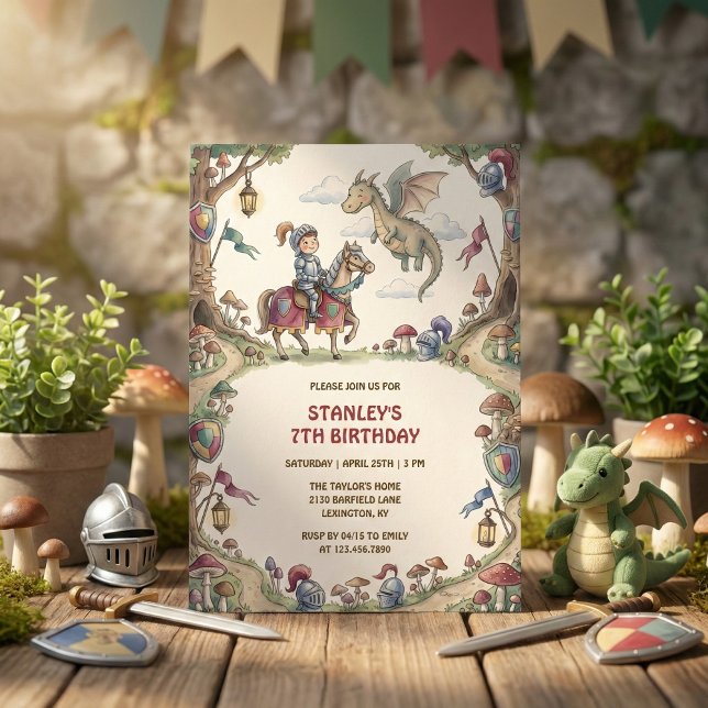 Watercolor Knight Dragon Fairytale Boy Birthday Einladung (Watercolor Knight Dragon Fairytale Boy Birthday Invitation)