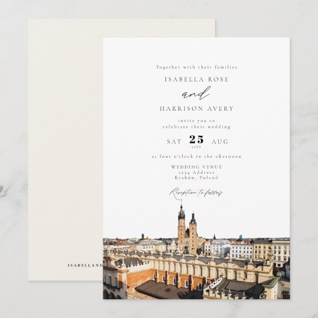 Watercolor Kraków Skyline Gebäude Wedding Einladung (Vorne/Hinten)