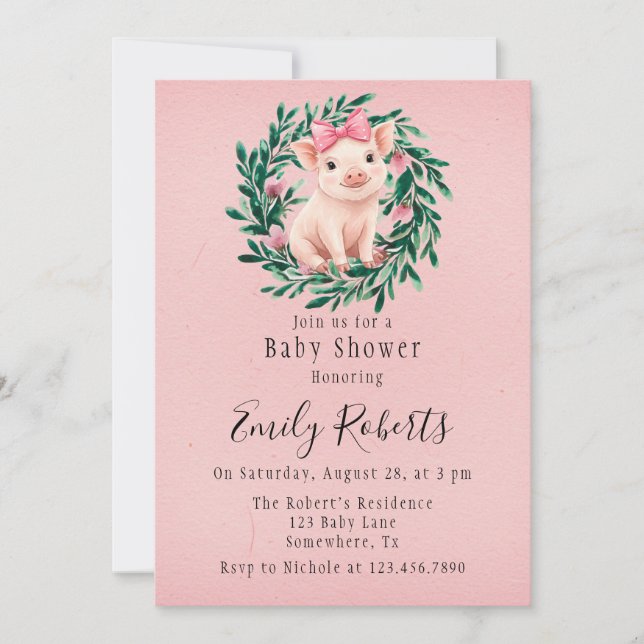 Watercolor Kranz mit Pig Girl Baby Dusche Einladung (Vorderseite)