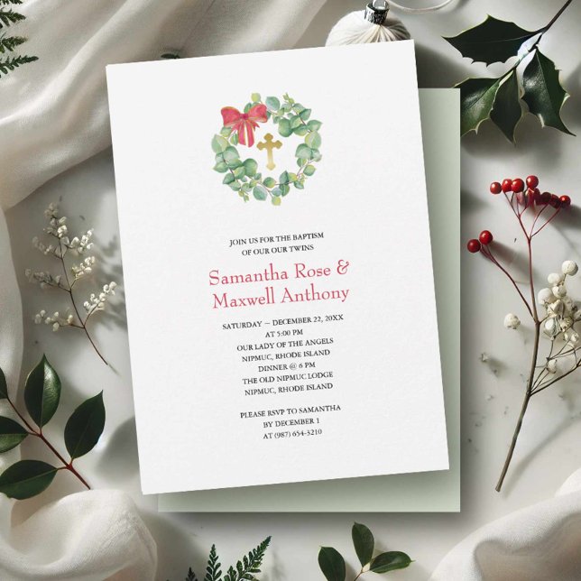 Watercolor Kranz und Goldkreuz Einladung (Christmas wedding invitations watercolor eucalyptus wreath by Victoria Grigaliunas of VG Invites)