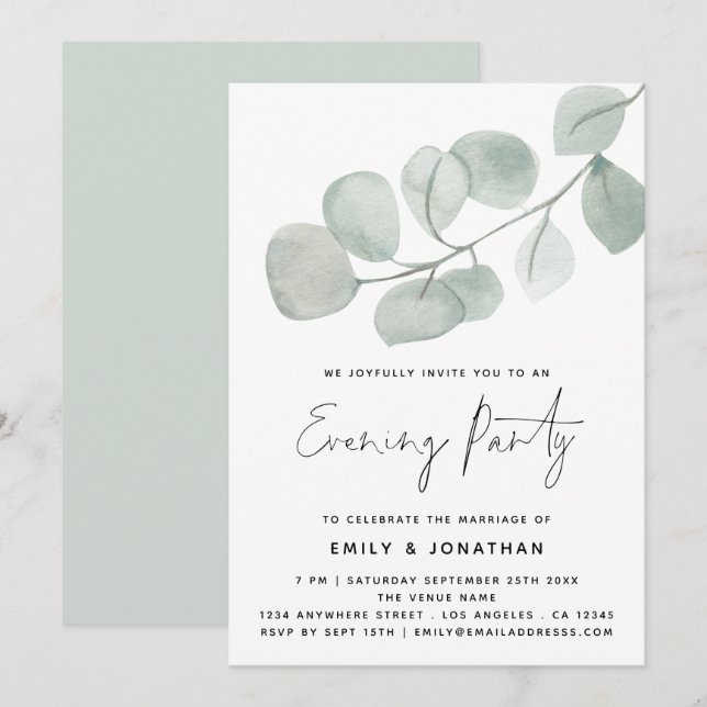 Watercolor Künstlerisch Eucalyptus Wedding Abend P Einladung (Vorne/Hinten)