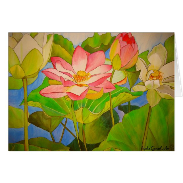 Watercolor-Kunstmalerei Wasserlilie des Lotos rosa (Vorderseite (Horizontal))
