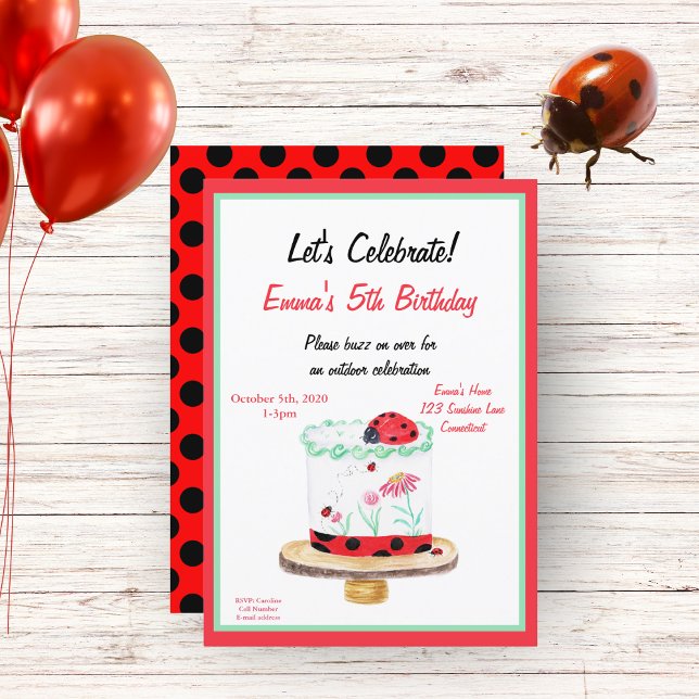 Watercolor Ladybug Cake Birthday Einladung (Von Creator hochgeladen)