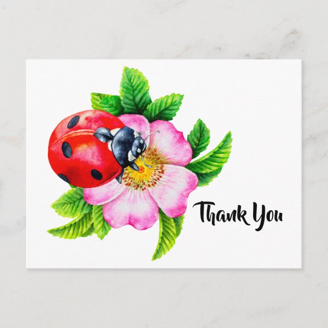 Watercolor Ladybug Floral Danke Postkarte (Vorderseite)