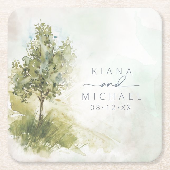Watercolor Landscape Wedding Sage Green ID786 Rechteckiger Pappuntersetzer (Vorderseite)