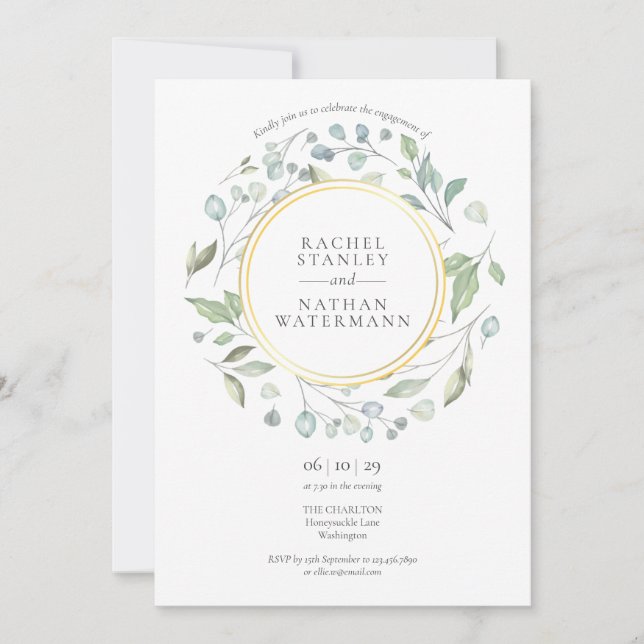 Watercolor Laurel Garland Gold Engagement Party Einladung (Vorderseite)