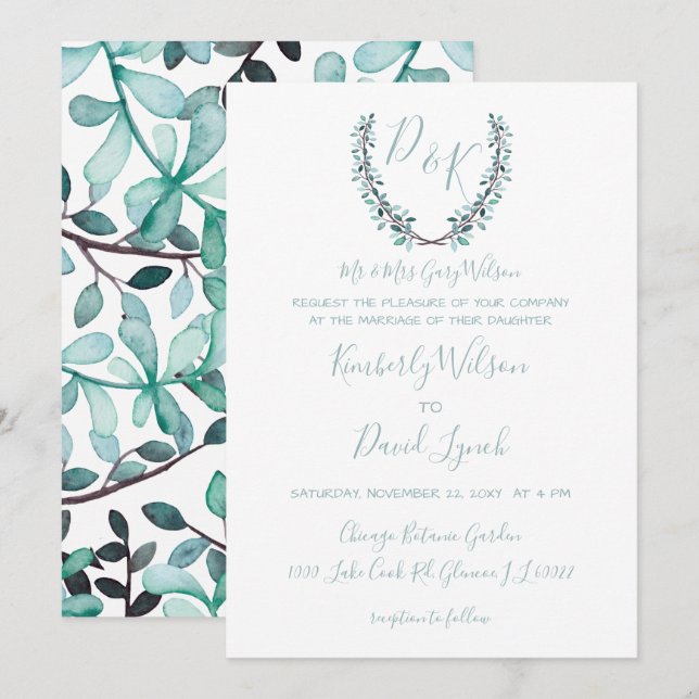 Watercolor Laurel Verlasse Monogram Wedding Einladung (Vorne/Hinten)