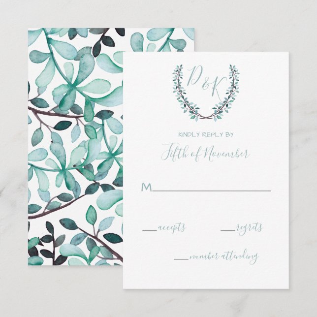 Watercolor Laurel Verlasse Monogram Wedding RSVP Karte (Vorne/Hinten)