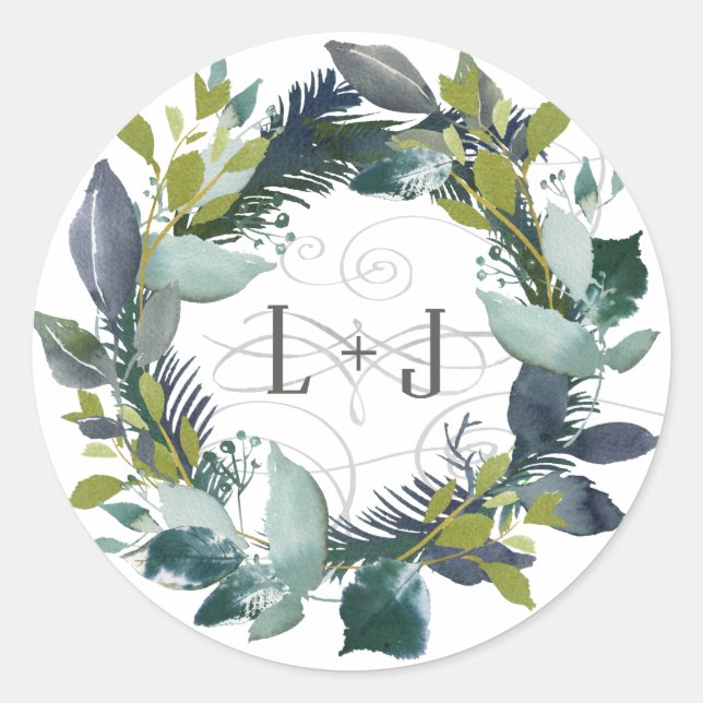 Watercolor Laurel Wreath Paare Monogram Initials Runder Aufkleber (Vorderseite)