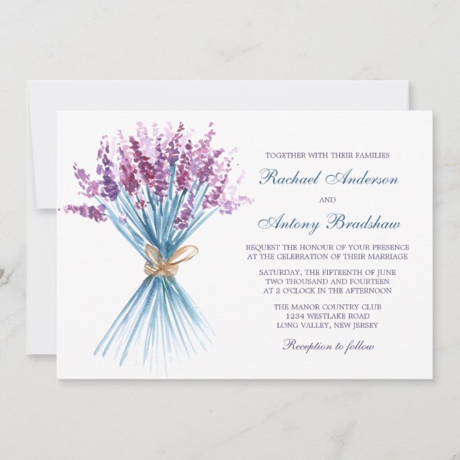 Watercolor-Lavendel-Blumen-Hochzeit Einladung (Vorderseite)