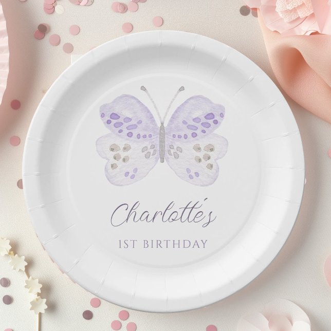 Watercolor Lavender Butterfly 1st Birthday Party Pappteller (Von Creator hochgeladen)