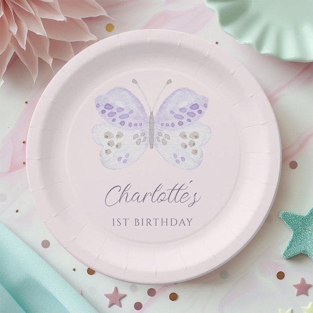 Watercolor Lavender Butterfly 1st Birthday Party Pappteller (Von Creator hochgeladen)