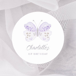 Watercolor Lavender Butterfly 1st Birthday Party Runder Aufkleber
