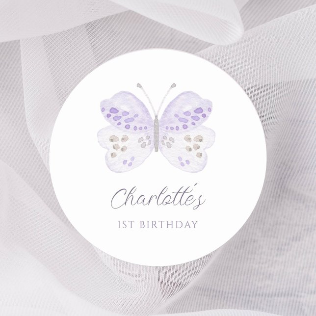 Watercolor Lavender Butterfly 1st Birthday Party Runder Aufkleber (Von Creator hochgeladen)