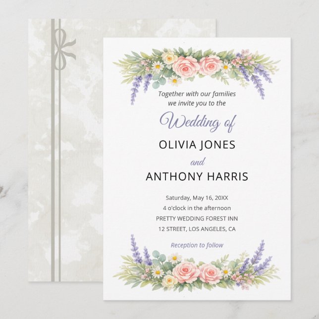 Watercolor Lavender Eucalyptus Rose Wedding Einladung (Vorne/Hinten)