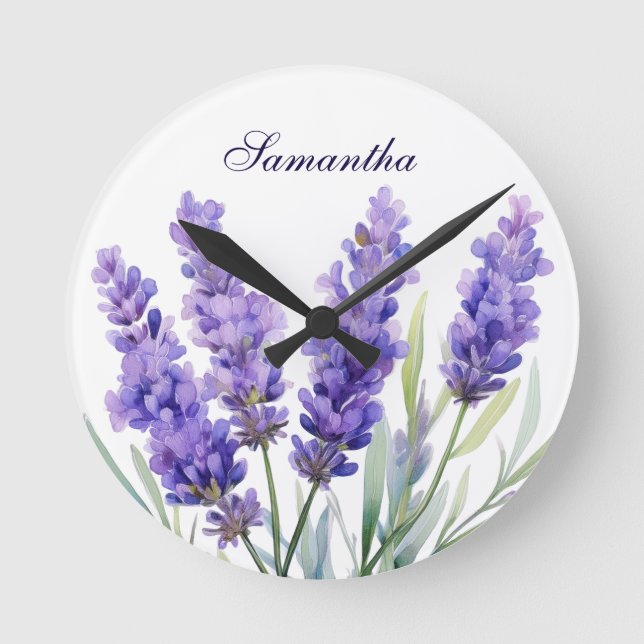 Watercolor Lavender Flowers Runde Wanduhr (Vorderseite)