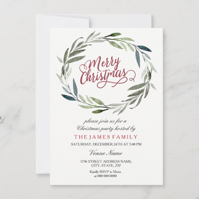 Watercolor Leaf Wreath Christmas Party Invitation (Devant)