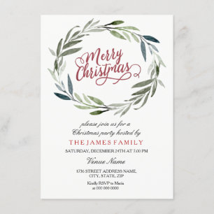 Watercolor Leaf Wreath Christmas Party Invitation