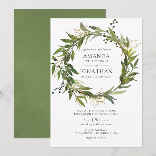 Watercolor Leafy Greenery Wreath Wedding Einladung (Vorne/Hinten)
