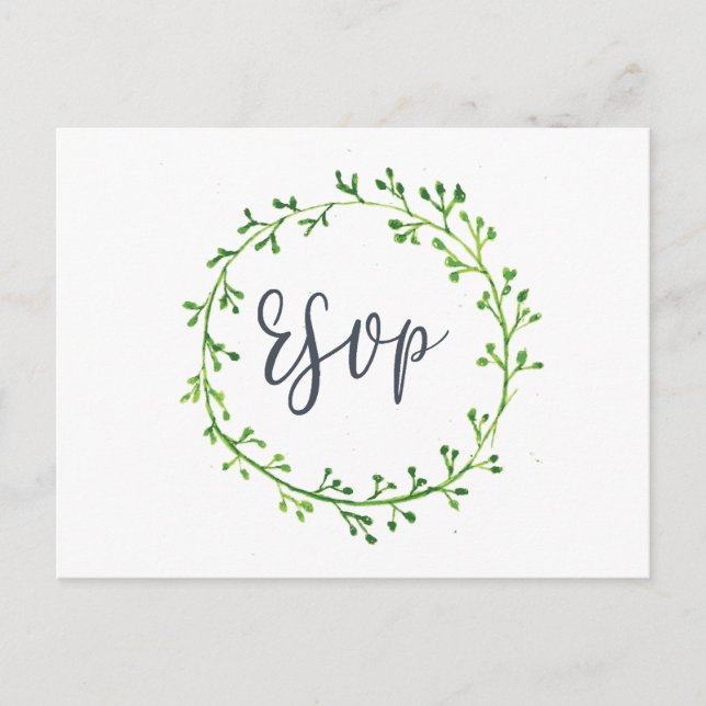 Watercolor Leafy Wreath Wedding RSVP Postkarte (Vorderseite)