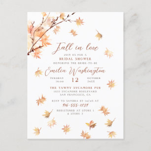 Watercolor Leaves "Fall In Love" Bridal Shower Einladungspostkarte