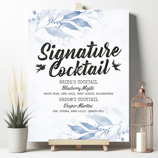 Watercolor Leaves Wedding Signature Drink Menu Poster (Von Creator hochgeladen)