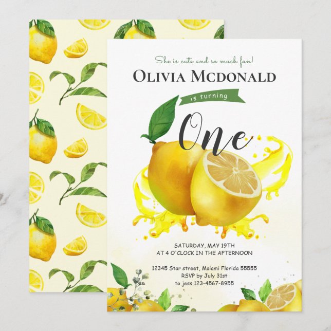Watercolor Lemon Birthday Einladung (Vorne/Hinten)