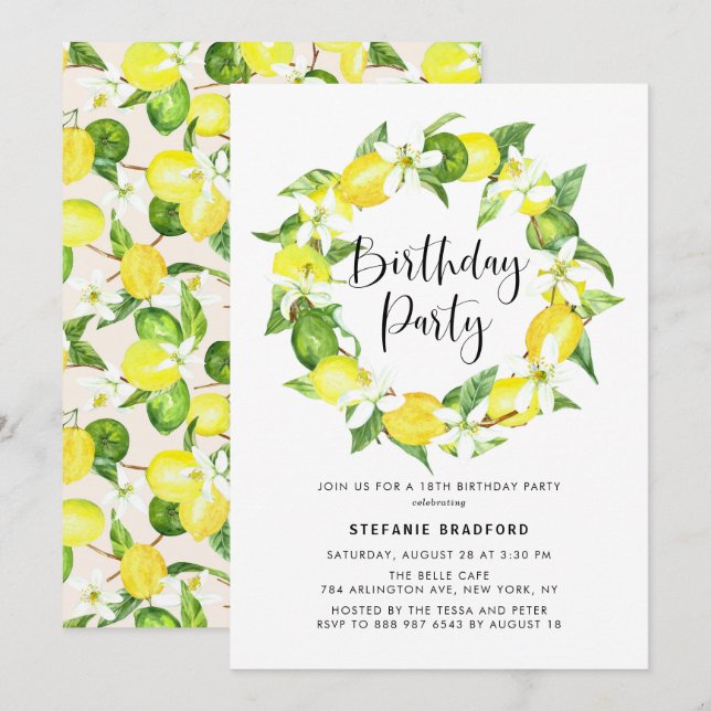 Watercolor Lemon Blossom Wreath Birthday Party Einladung (Vorne/Hinten)