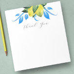 Watercolor Lemon Botanical Thank You Notizblock<br><div class="desc">This botanical notepad features watercolor lemons in shades of yellow with blue and green botanicals. The words "Thank You" are set in trendy hand lettered script typography. Use for budget thank you notes. To see the matching blue and yellow Mediterranean wedding suite visit www.zazzle.com/dotellabelle Art and design by Victoria Grigaliunas...</div>