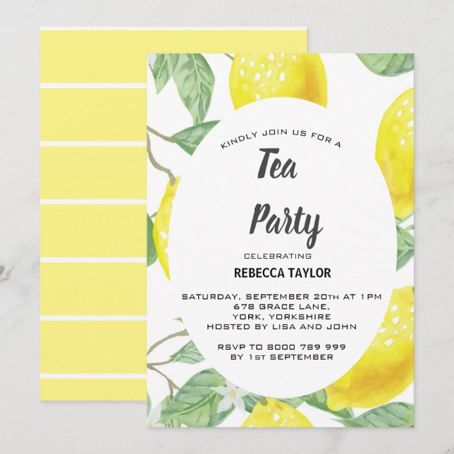 Watercolor Lemon Feuille Tea Party Invitation (Devant / Derrière)