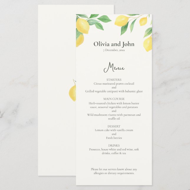 Watercolor Lemon Foliage Elegant Wedding Menu Menükarte (Vorne/Hinten)