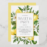 Watercolor Lemon Frame Botanical Sweet 16 Party Folieneinladung<br><div class="desc">Invite guests to your event with this customizable sweet 16 party invitation. It features watercolor frame of lemons and lemon blossoms with modern typography. Personalize this gold foil sweet 16 party invitation by adding your details. This lemon sweet sixteen invitation is perfect for summer birthdays.</div>