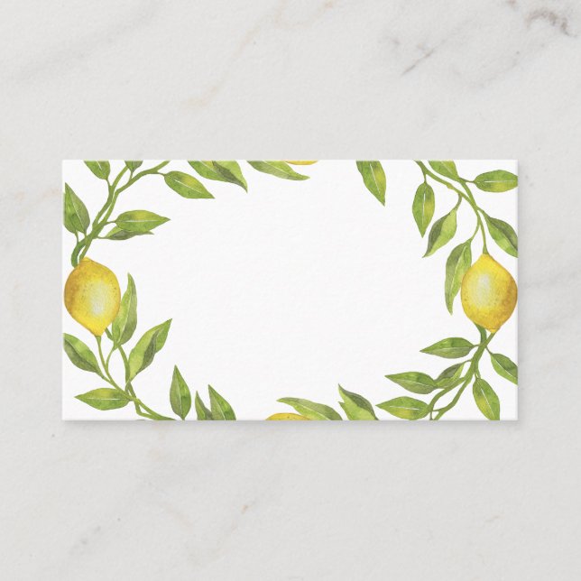 Watercolor Lemon Greenerity Wreath Wedding Platzkarte (Vorderseite)