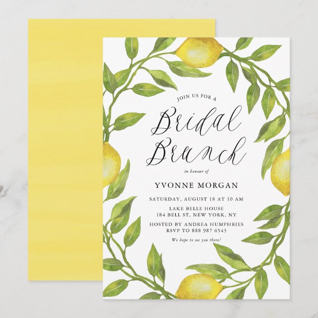 Watercolor Lemon Greenery Wreath Bridal Brunch Einladung (Vorne/Hinten)
