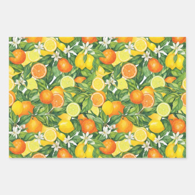 Watercolor Lemon, Orange, and Lime Citrus Geschenkpapier Set (Vorderseite)