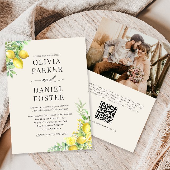 Watercolor Lemon QR Code Photo Wedding Einladung (Von Creator hochgeladen)