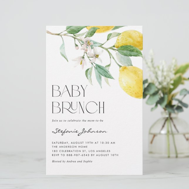 Watercolor Lemon Summer Baby Brunch Einladung (Stehend Vorderseite)