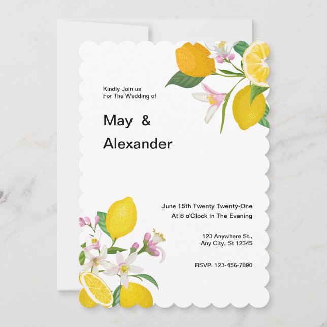 Watercolor Lemon Thema Hochzeit Einladung (Vorderseite)