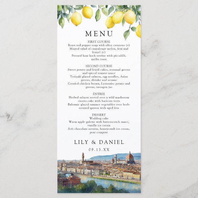 Watercolor Lemons Florence Italy Wedding Menükarte (Vorderseite)