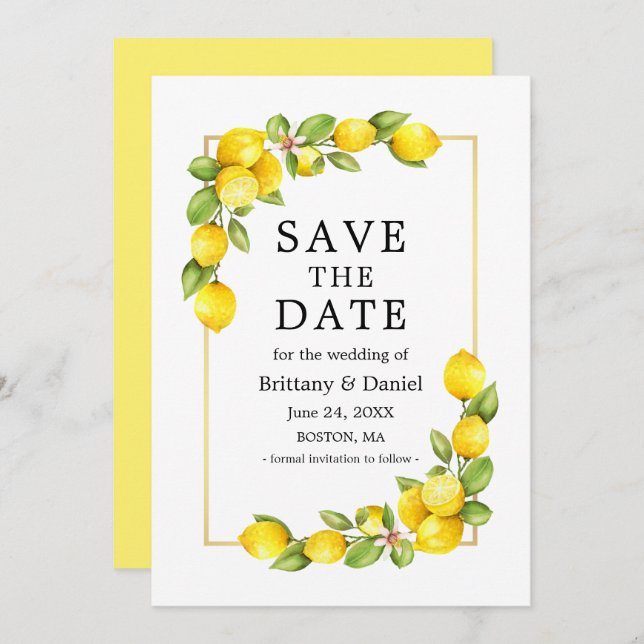 Watercolor Lemons Greenerity Gold Frame Gelb Save The Date (Vorne/Hinten)