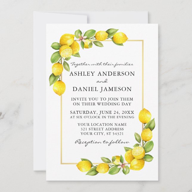 Watercolor Lemons Greenerity Gold Frame Wedding Einladung (Vorderseite)