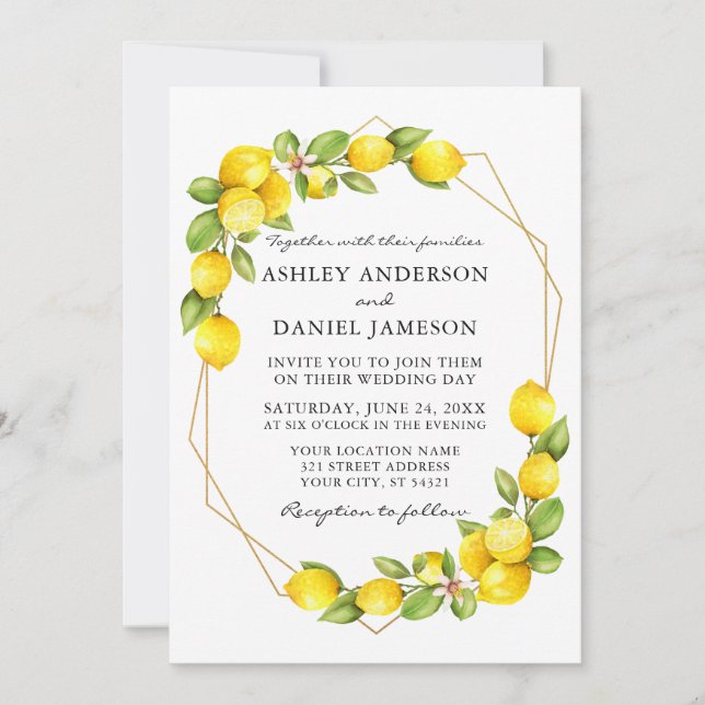 Watercolor Lemons Greenerity Gold Geo Frame Weddin Einladung (Vorderseite)
