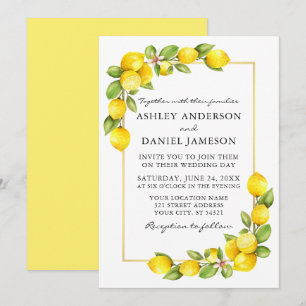 Watercolor Lemons Greenerity Gold Yellow Wedding Einladung
